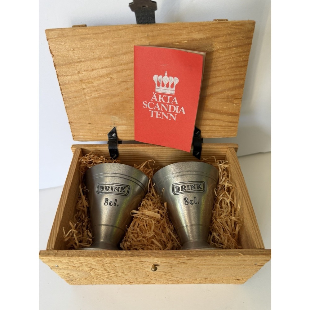 Scandia Tenn Pewter Cups Set of 2 in Wooden Box Collectible Swedish Tableware